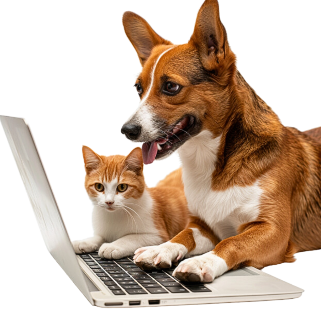 Dog and cat at laptop making reservation